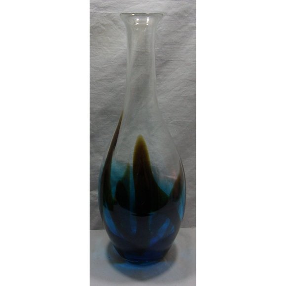 BEAUTIFUL Hand Blown Glass Vase/Vessel w/ Turquoise & Brown Colors 15 1/2\
